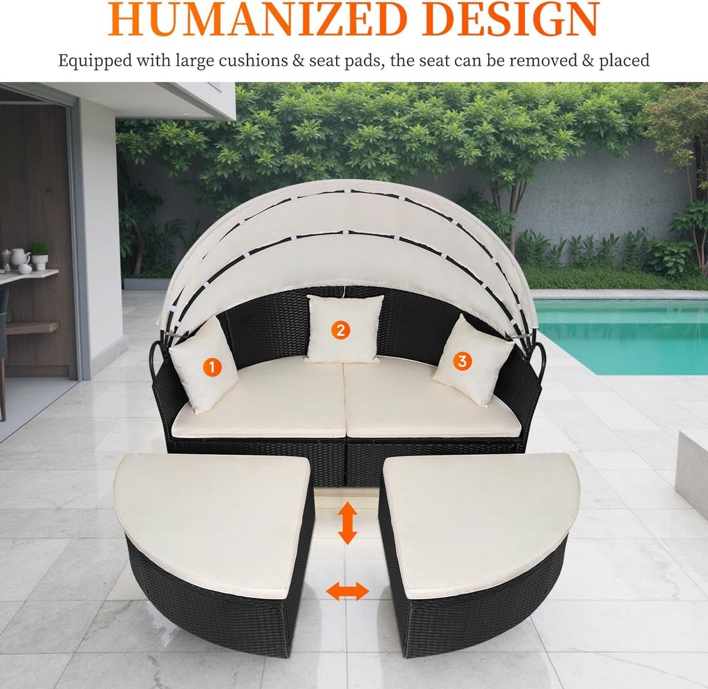 Patio Daybed Outdoor Round Lounge Bed with Shade for Garden Relaxing