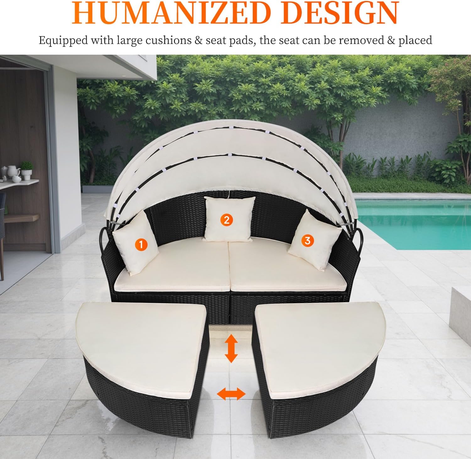 Patio Daybed Outdoor Round Lounge Bed with Shade for Garden Relaxing