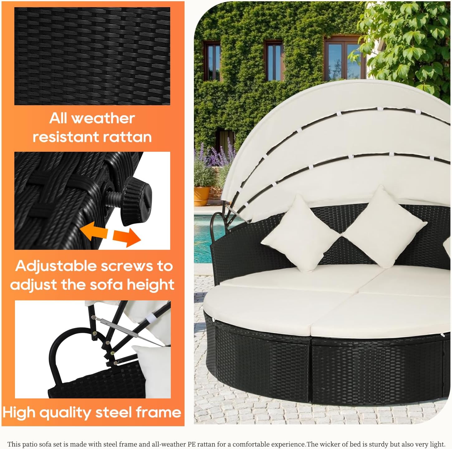 Patio Daybed Outdoor Round Lounge Bed with Shade for Garden Relaxing