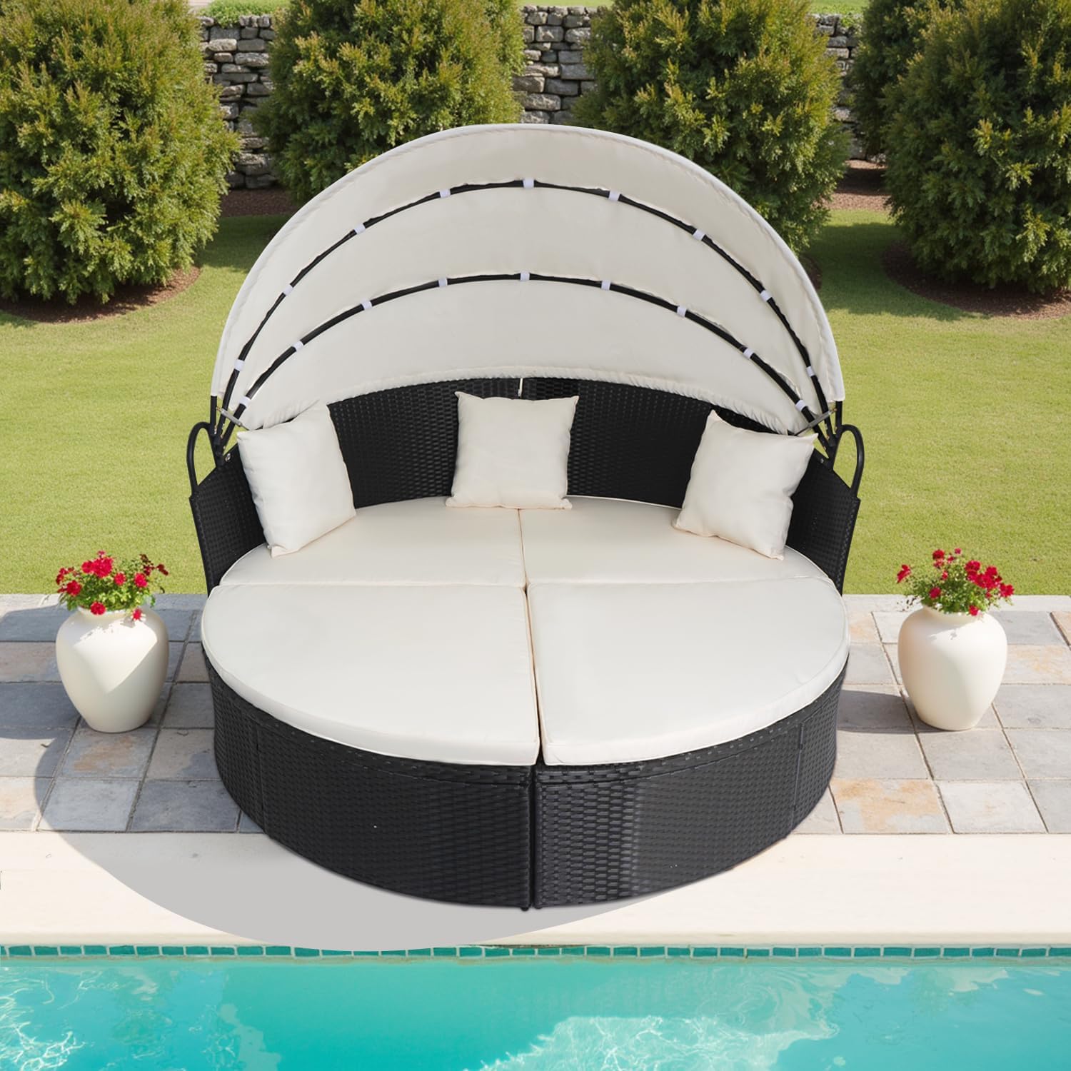 Patio Daybed Outdoor Round Lounge Bed with Shade for Garden Relaxing