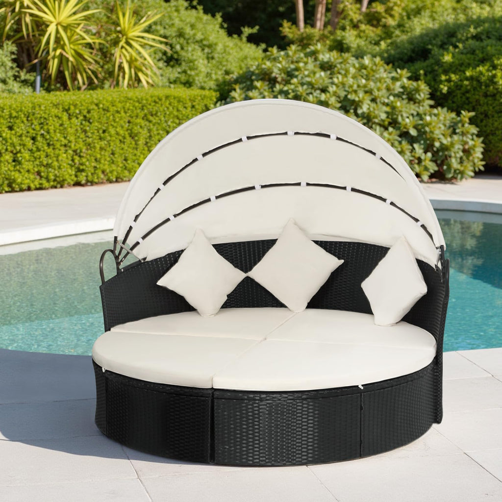 Patio Daybed Outdoor Round Lounge Bed with Shade for Garden Relaxing
